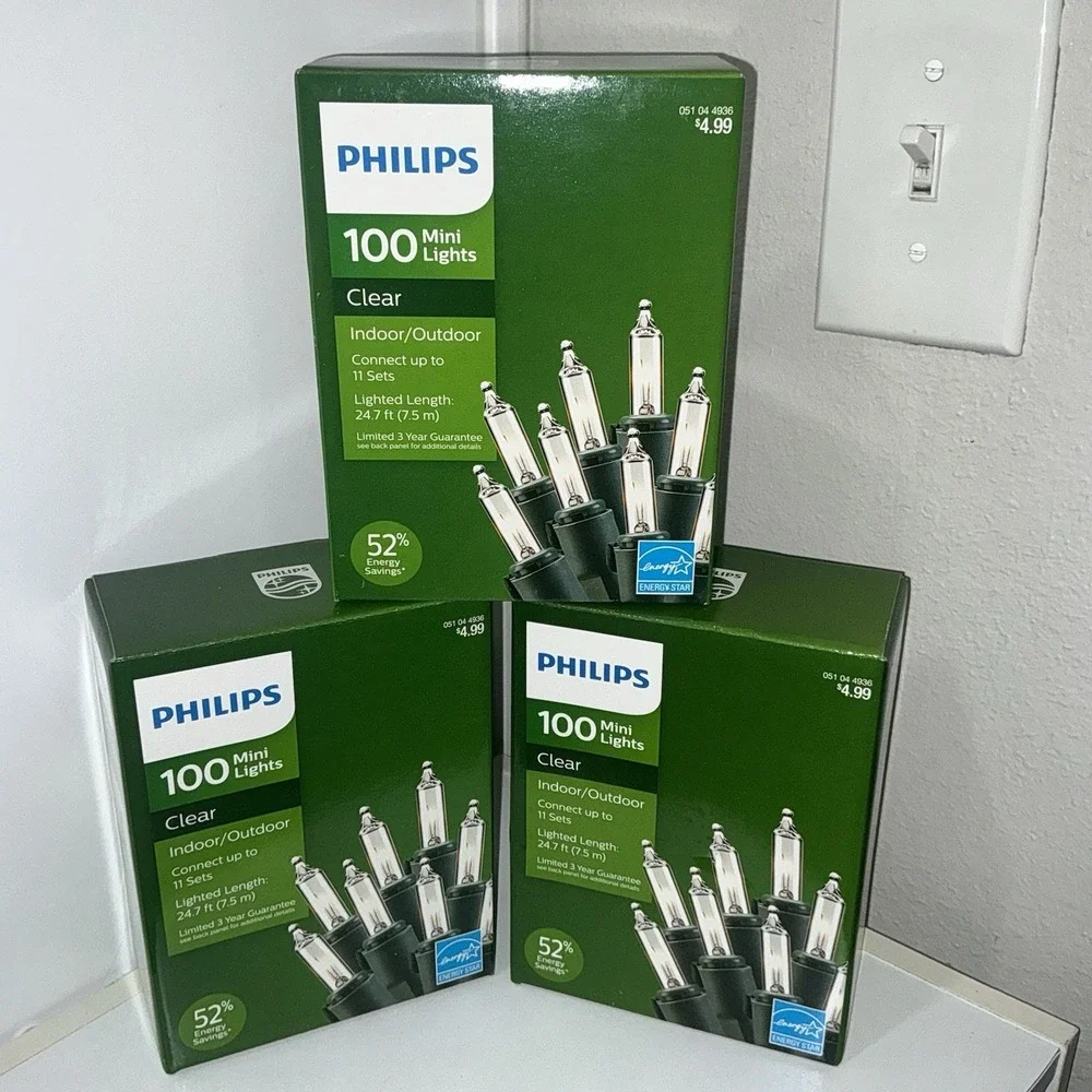 Philip 100ct Mini Lights Clear Christmas String Light 24.7 FT Green Wire Lot (3)